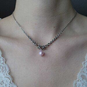 Vintage dainty pink pearl and silver necklace